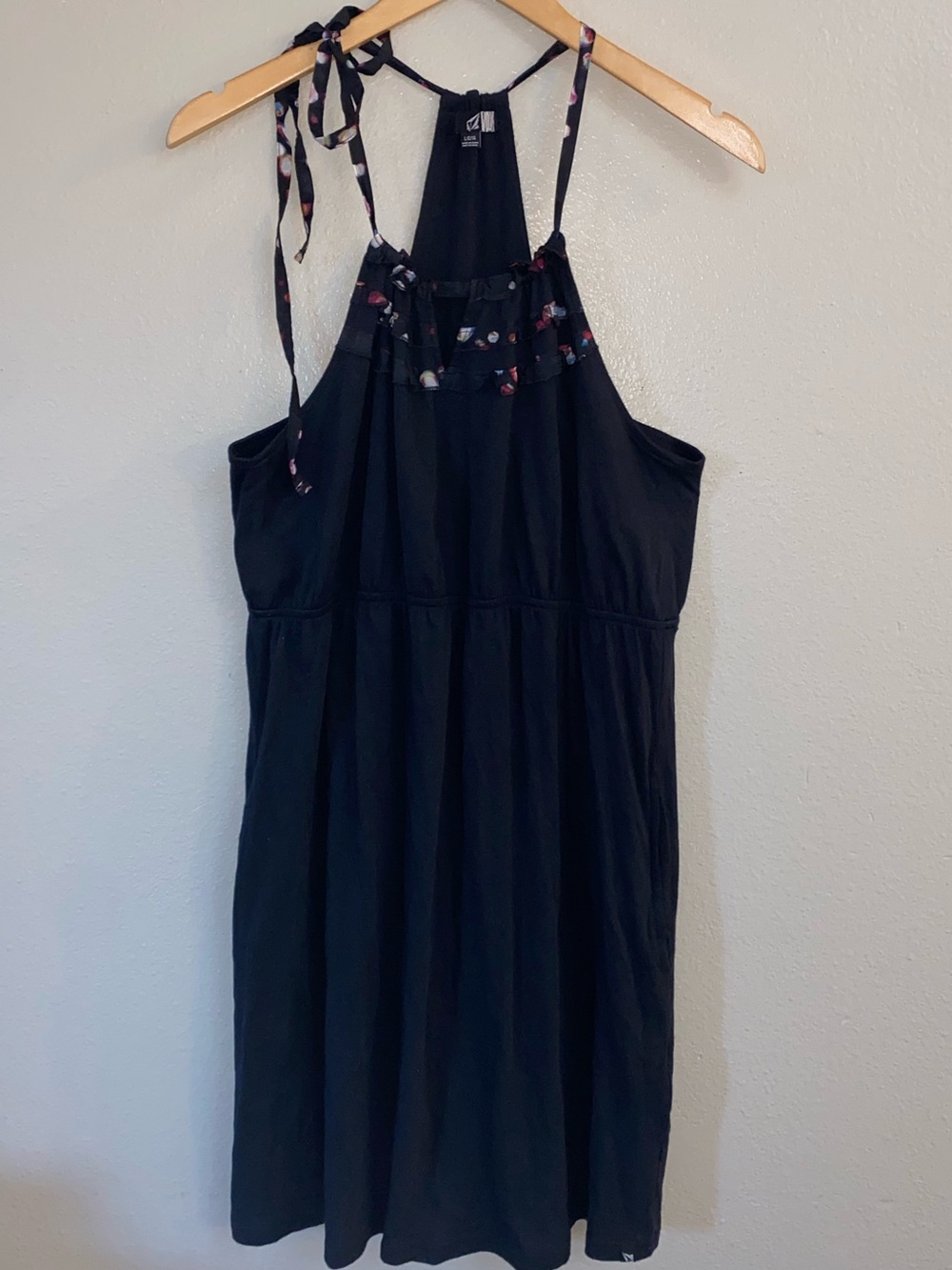 Volcom Floral Ruffle Trim Halter Racerback Skater Dress With Pockets Black Large